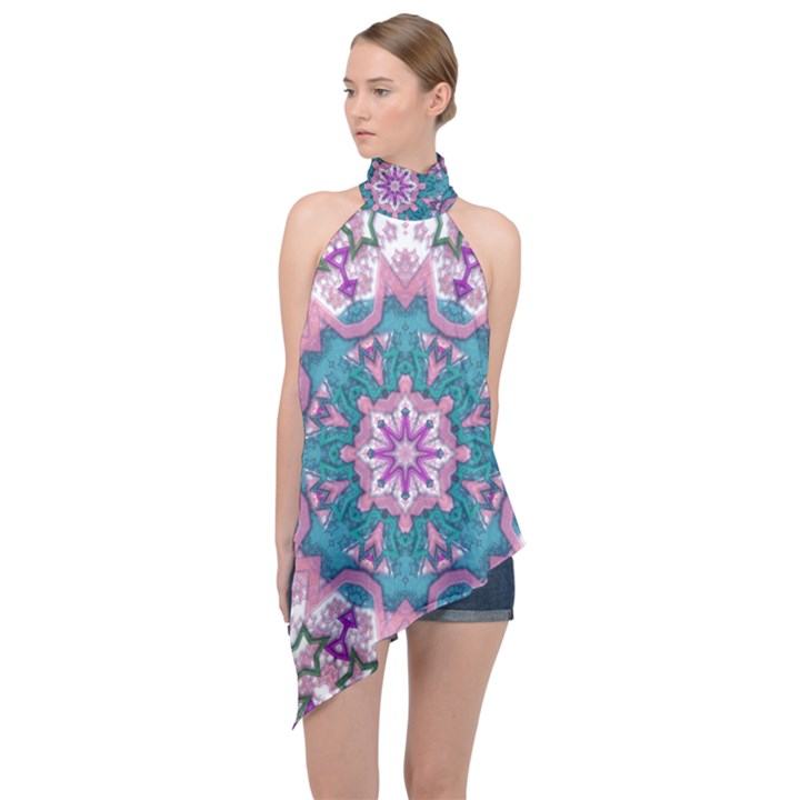 Mandala Pattern Abstract Halter Asymmetric Satin Top