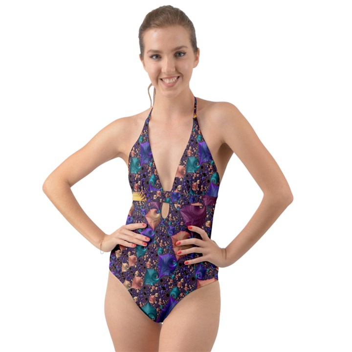 Pattern Art Ornament Fractal Halter Cut-Out One Piece Swimsuit