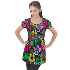 Hibiscus Flower Plant Tropical Puff Sleeve Tunic Top by Pakrebo