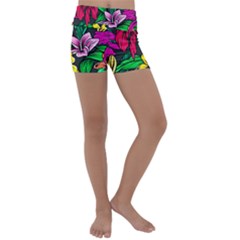 Hibiscus Flower Plant Tropical Kids  Lightweight Velour Yoga Shorts by Pakrebo