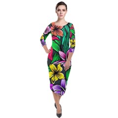 Hibiscus Flower Plant Tropical Quarter Sleeve Midi Velour Bodycon Dress