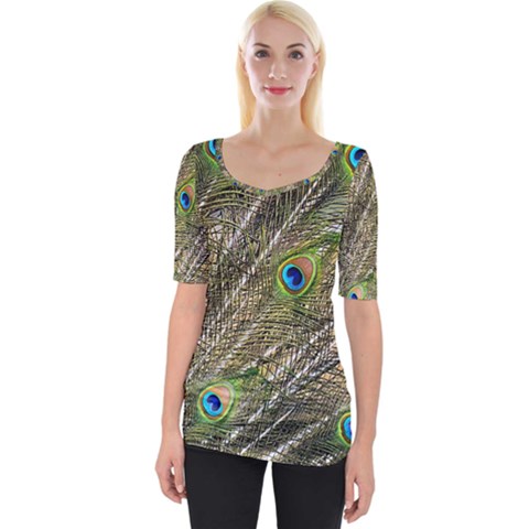 Green Peacock Feathers Color Plumage Wide Neckline Tee by Pakrebo