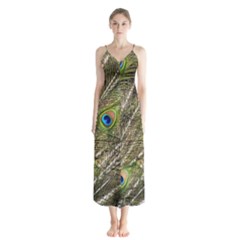 Green Peacock Feathers Color Plumage Button Up Chiffon Maxi Dress by Pakrebo