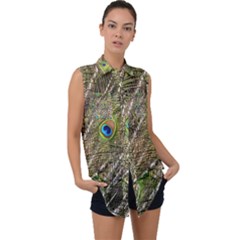 Green Peacock Feathers Color Plumage Sleeveless Chiffon Button Shirt