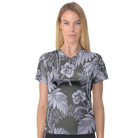 Curtain Ornament Flowers Leaf V-neck Sport Mesh Tee by Pakrebo