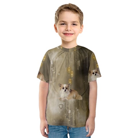 Cute Little Chihuahua With Hearts On The Moon Kids  Sport Mesh Tee by FantasyWorld7