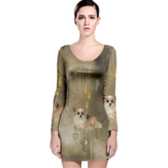 Cute Little Chihuahua With Hearts On The Moon Long Sleeve Velvet Bodycon Dress