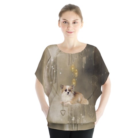 Cute Little Chihuahua With Hearts On The Moon Batwing Chiffon Blouse by FantasyWorld7