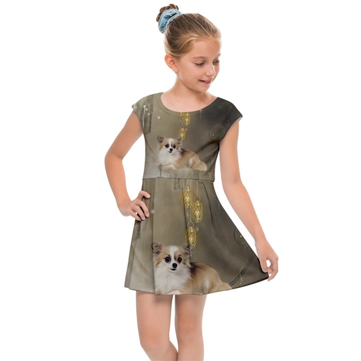 Cute Little Chihuahua With Hearts On The Moon Kids  Cap Sleeve Dress