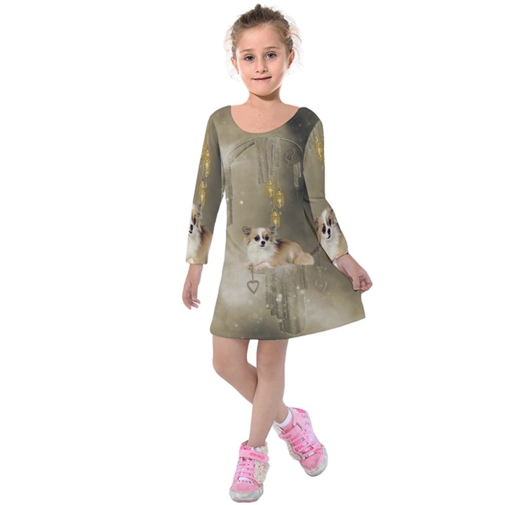 Cute Little Chihuahua With Hearts On The Moon Kids  Long Sleeve Velvet Dress