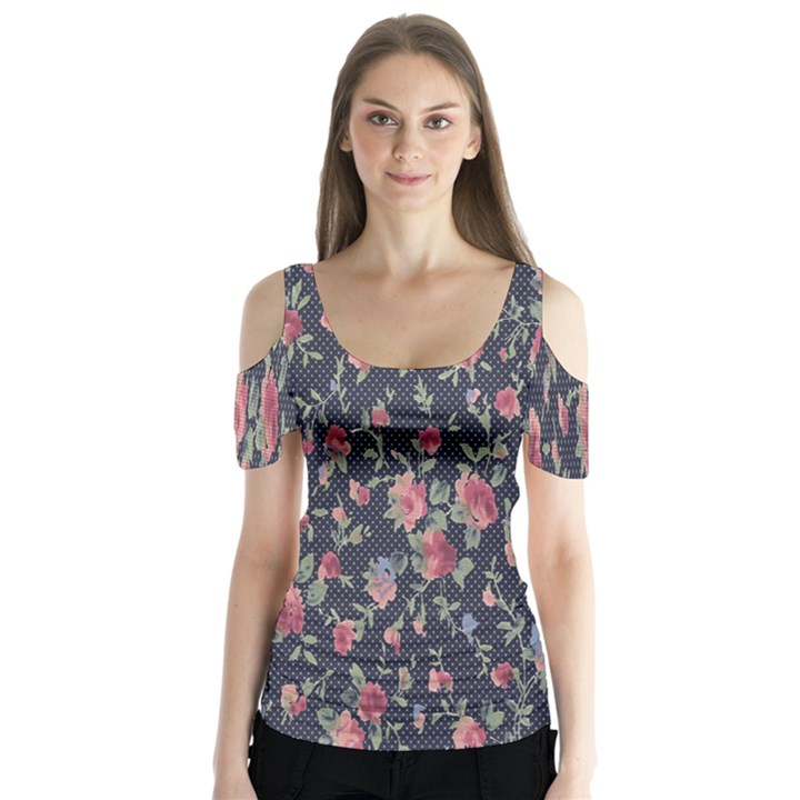 Polka Dotted Rosebuds Butterfly Sleeve Cutout Tee 