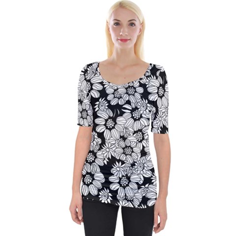 Black & White Floral Wide Neckline Tee by WensdaiAmbrose