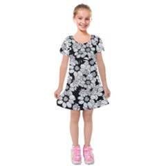 Black & White Floral Kids  Short Sleeve Velvet Dress by WensdaiAmbrose