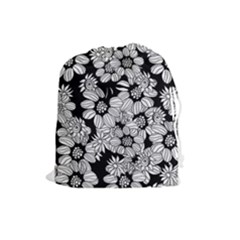 Black & White Floral Drawstring Pouch (large) by WensdaiAmbrose