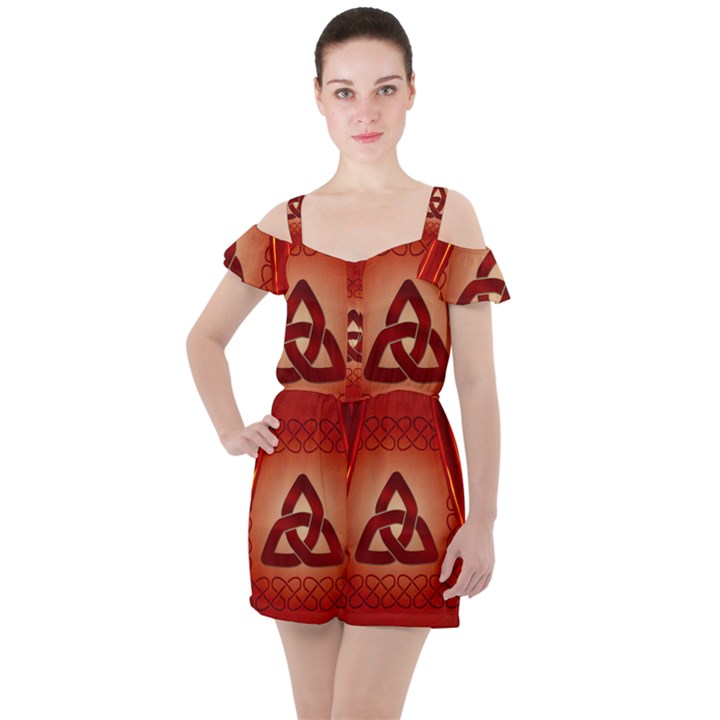 The Celtic Knot In Red Colors Ruffle Cut Out Chiffon Playsuit