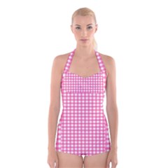 Pink Gingham Boyleg Halter Swimsuit  by retrotoomoderndesigns