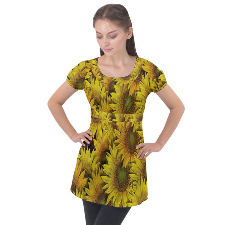 Surreal Sunflowers Puff Sleeve Tunic Top