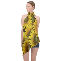 Surreal Sunflowers Halter Asymmetric Satin Top by retrotoomoderndesigns