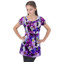 Pretty Purple Pansies Puff Sleeve Tunic Top