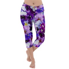 Pretty Purple Pansies Lightweight Velour Capri Yoga Leggings by retrotoomoderndesigns