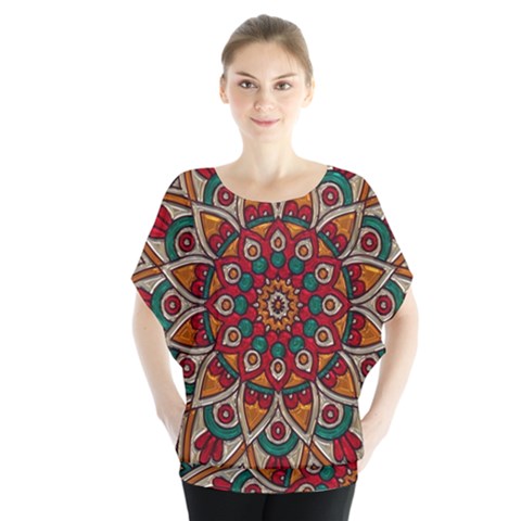 Mandala - Red & Teal  Batwing Chiffon Blouse by WensdaiAmbrose