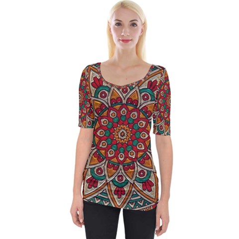 Mandala - Red & Teal  Wide Neckline Tee by WensdaiAmbrose