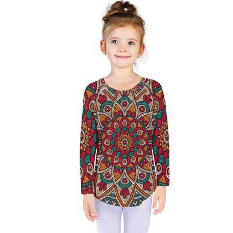 Mandala - Red & Teal  Kids  Long Sleeve Tee by WensdaiAmbrose