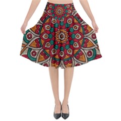 Mandala - Red & Teal  Flared Midi Skirt by WensdaiAmbrose