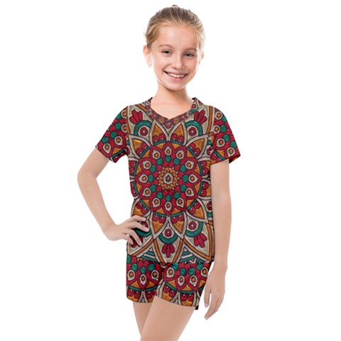 Mandala - Red & Teal  Kids  Mesh Tee And Shorts Set by WensdaiAmbrose