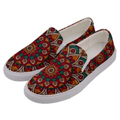 Mandala - Red & Teal Men s Canvas Slip Ons by WensdaiAmbrose