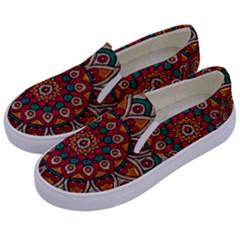 Mandala - Red & Teal Kids  Canvas Slip Ons by WensdaiAmbrose