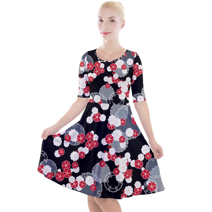 Plumflower Quarter Sleeve A-Line Dress