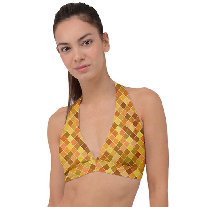 Square Pattern Diagonal Halter Plunge Bikini Top