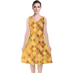 Square Pattern Diagonal V-neck Midi Sleeveless Dress  by Mariart