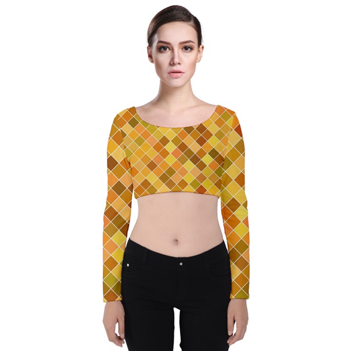 Square Pattern Diagonal Velvet Long Sleeve Crop Top