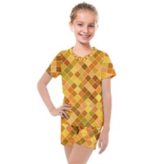 Square Pattern Diagonal Kids  Mesh Tee And Shorts Set