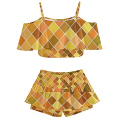 Square Pattern Diagonal Kids  Off Shoulder Skirt Bikini