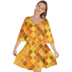 Square Pattern Diagonal Velour Kimono Dress