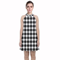 Square Diagonal Pattern Velvet Halter Neckline Dress 