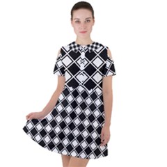 Square Diagonal Pattern Short Sleeve Shoulder Cut Out Dress  by Mariart