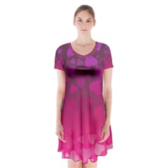 Purple Pink Hearts  Short Sleeve V-neck Flare Dress by LoolyElzayat