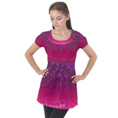 Purple Pink Hearts  Puff Sleeve Tunic Top by LoolyElzayat