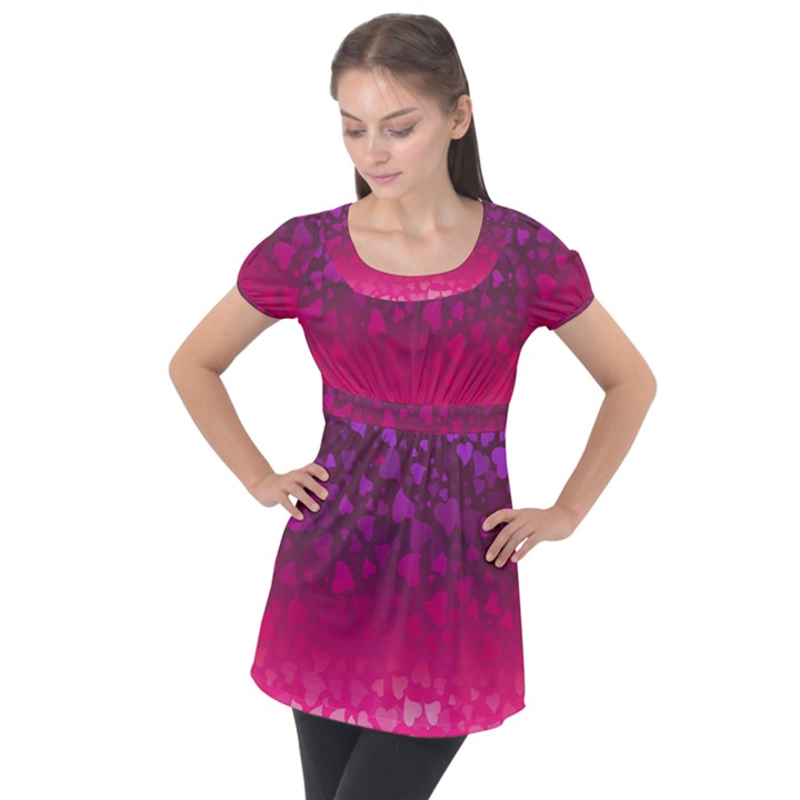 Purple Pink Hearts  Puff Sleeve Tunic Top