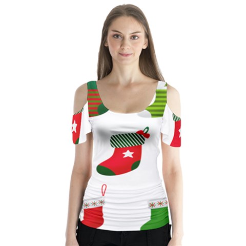 Christmas Stocking Candle Butterfly Sleeve Cutout Tee  by Mariart