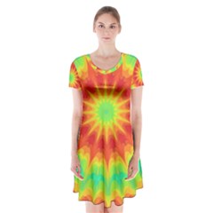 Kaleidoscope Background Mandala Red Green Short Sleeve V-neck Flare Dress by Mariart