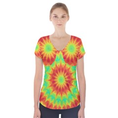 Kaleidoscope Background Mandala Red Green Short Sleeve Front Detail Top by Mariart