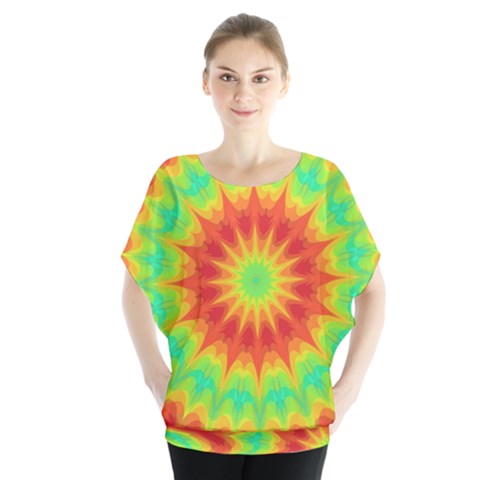 Kaleidoscope Background Mandala Red Green Batwing Chiffon Blouse by Mariart