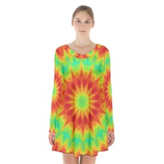 Kaleidoscope Background Mandala Red Green Long Sleeve Velvet V-neck Dress by Mariart