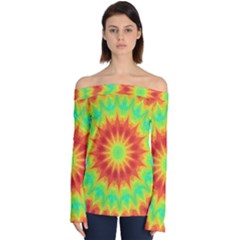 Kaleidoscope Background Mandala Red Green Off Shoulder Long Sleeve Top