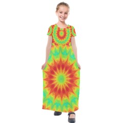 Kaleidoscope Background Mandala Red Green Kids  Short Sleeve Maxi Dress